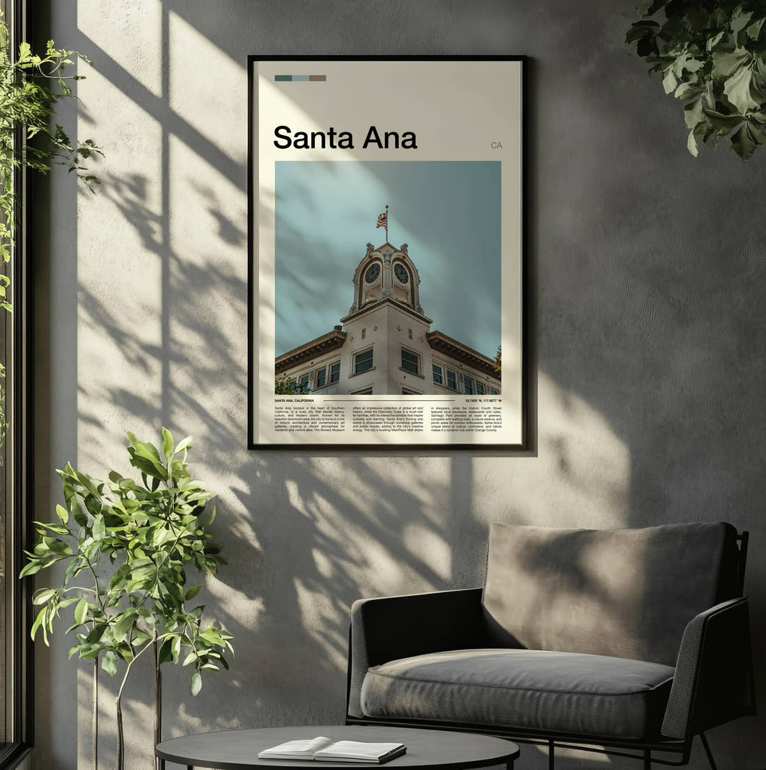Santa Ana Clock Tower Travel Print framed on the wall of a relaxed living room