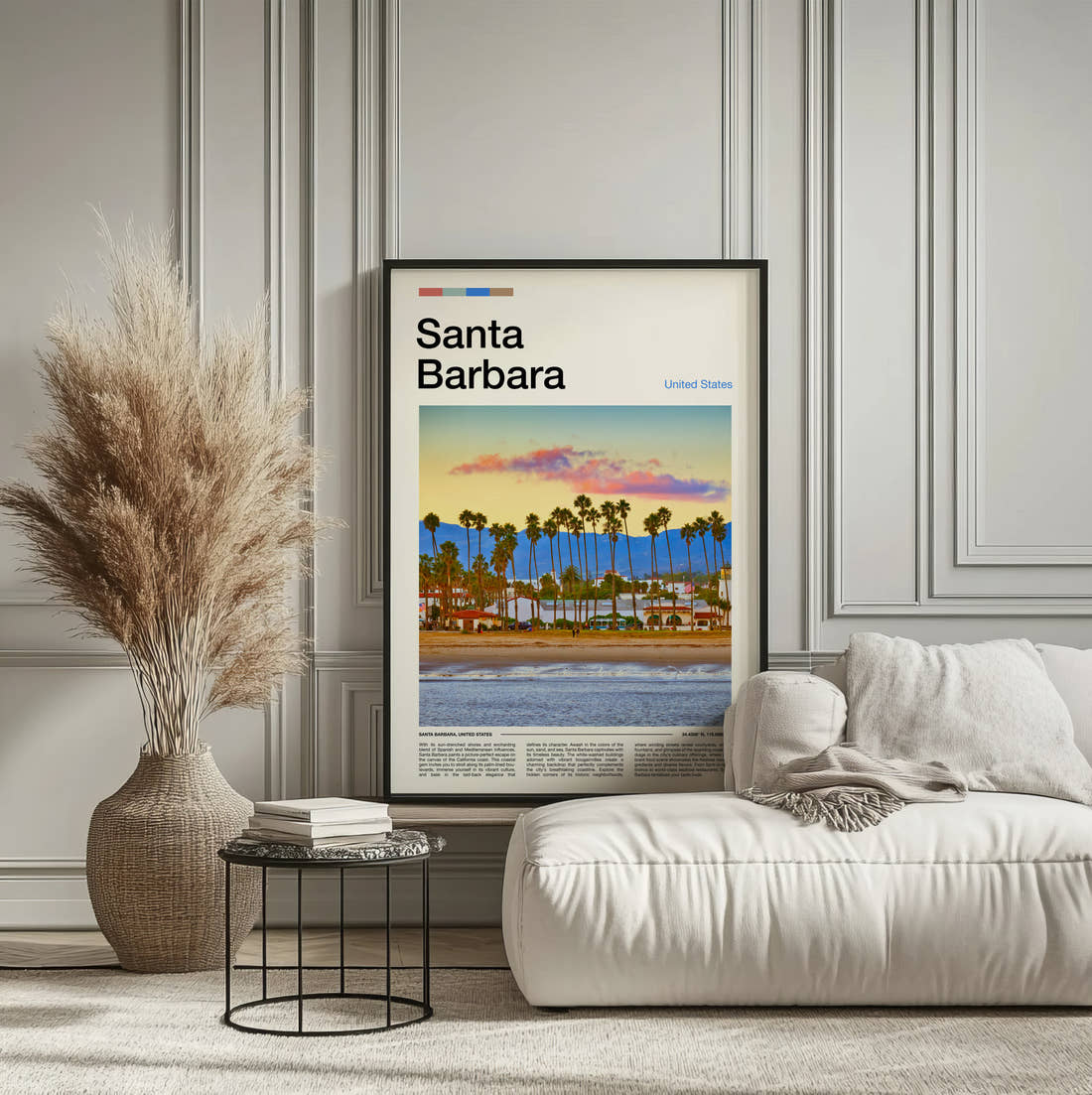 Santa Barbara Travel Print framed on the wall of a calm, neutral bedroom