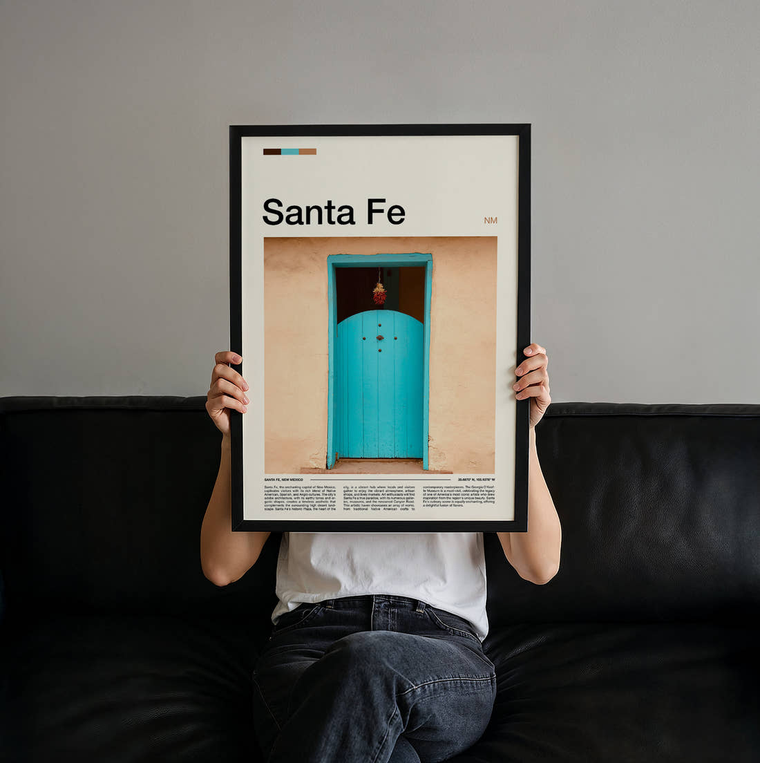 Santa Fe Turquoise Door Travel Print held up by hand to show the size of the print