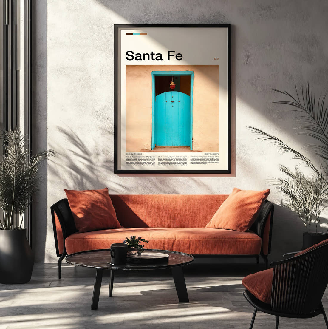 Santa Fe Turquoise Door Travel Print framed on the wall of a modern living room