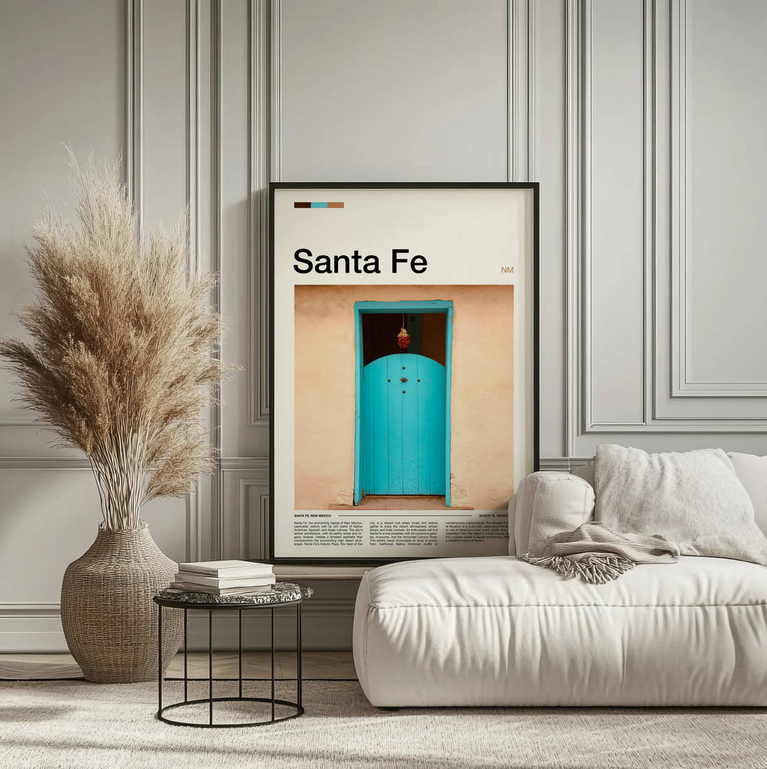 Santa Fe Turquoise Door Travel Print framed on the wall of a calm, neutral bedroom
