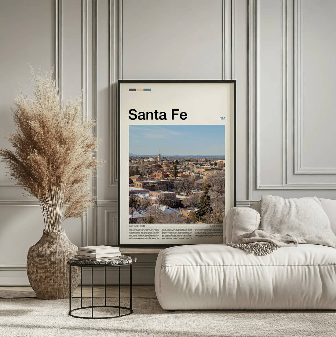 Santa Fe Adobe Townscape Travel Print framed on the wall of a calm, neutral bedroom