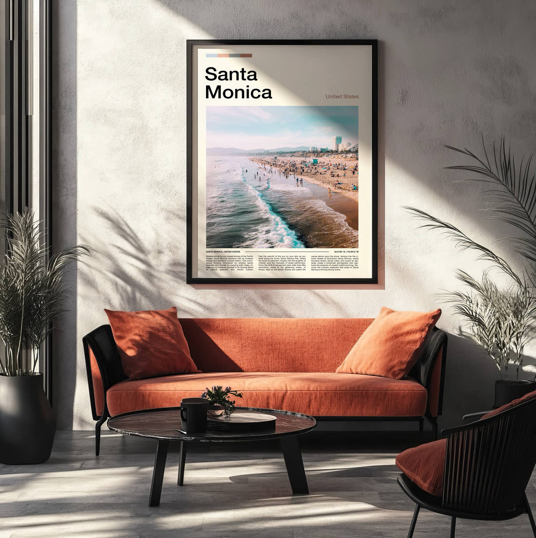 Santa Monica Beach And Waves Travel Print framed on the wall of a modern living room