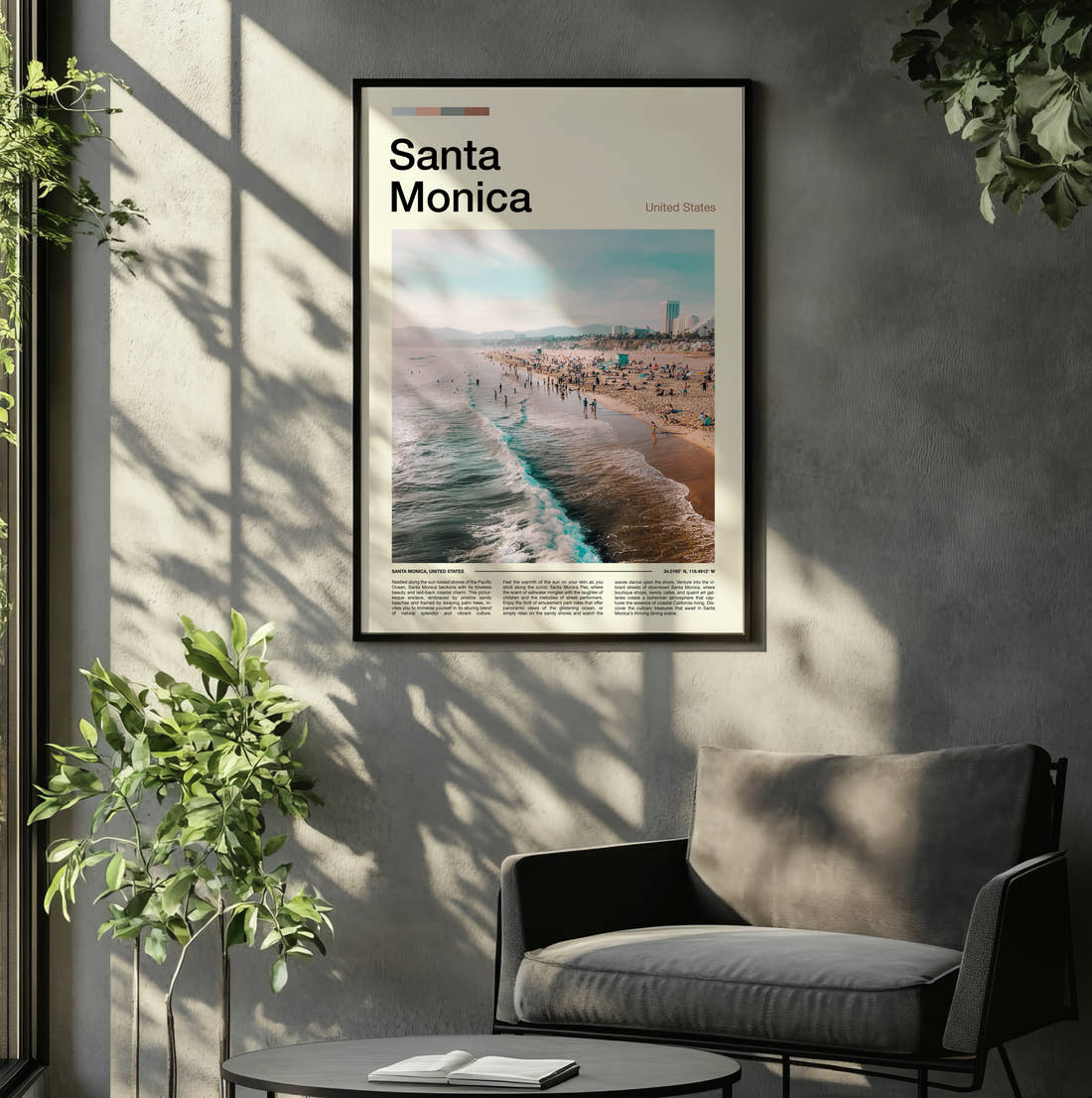 Santa Monica Beach And Waves Travel Print framed on the wall of a relaxed living room