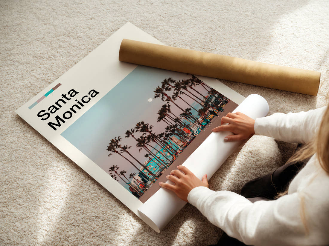 Santa Monica Palm Lined Promenade Travel Print being unrolled from its postal tube