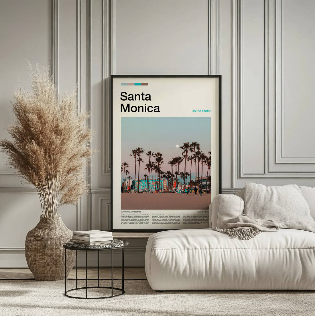 Santa Monica Palm Lined Promenade Travel Print framed on the wall of a calm, neutral bedroom