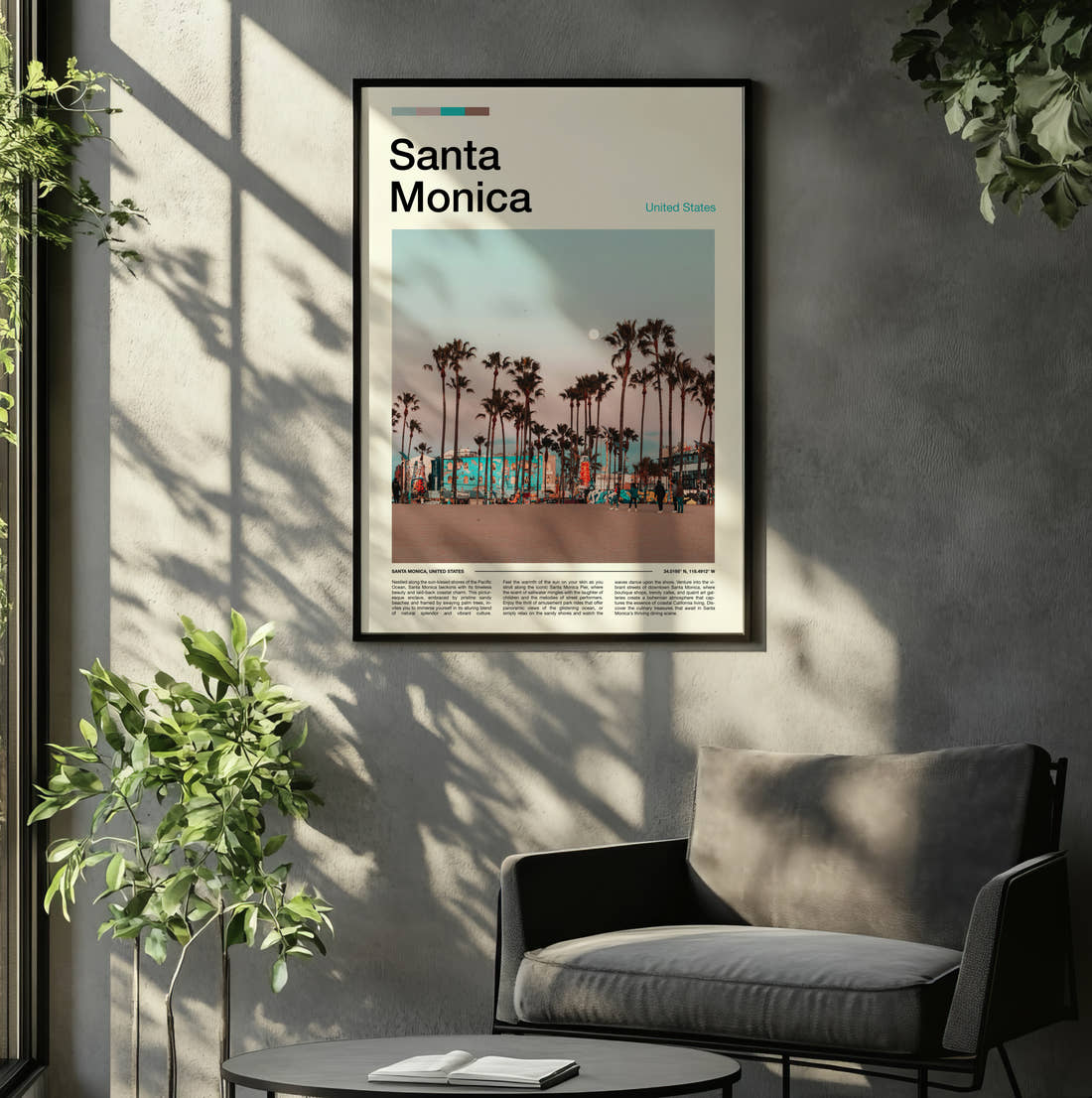 Santa Monica Palm Lined Promenade Travel Print framed on the wall of a relaxed living room