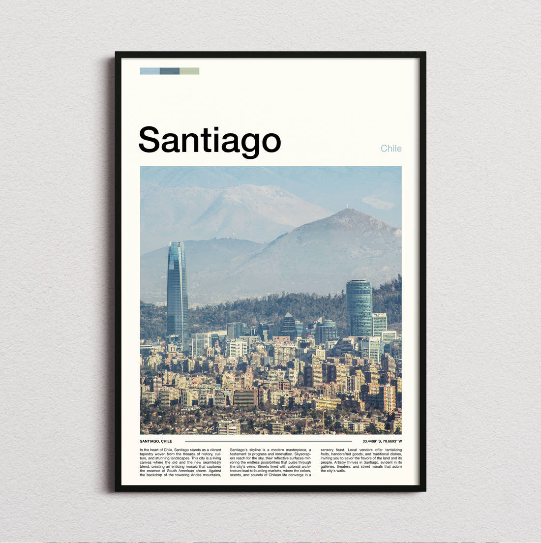 Santiago Skyline With Mountains Travel Print framed and photographed straight on