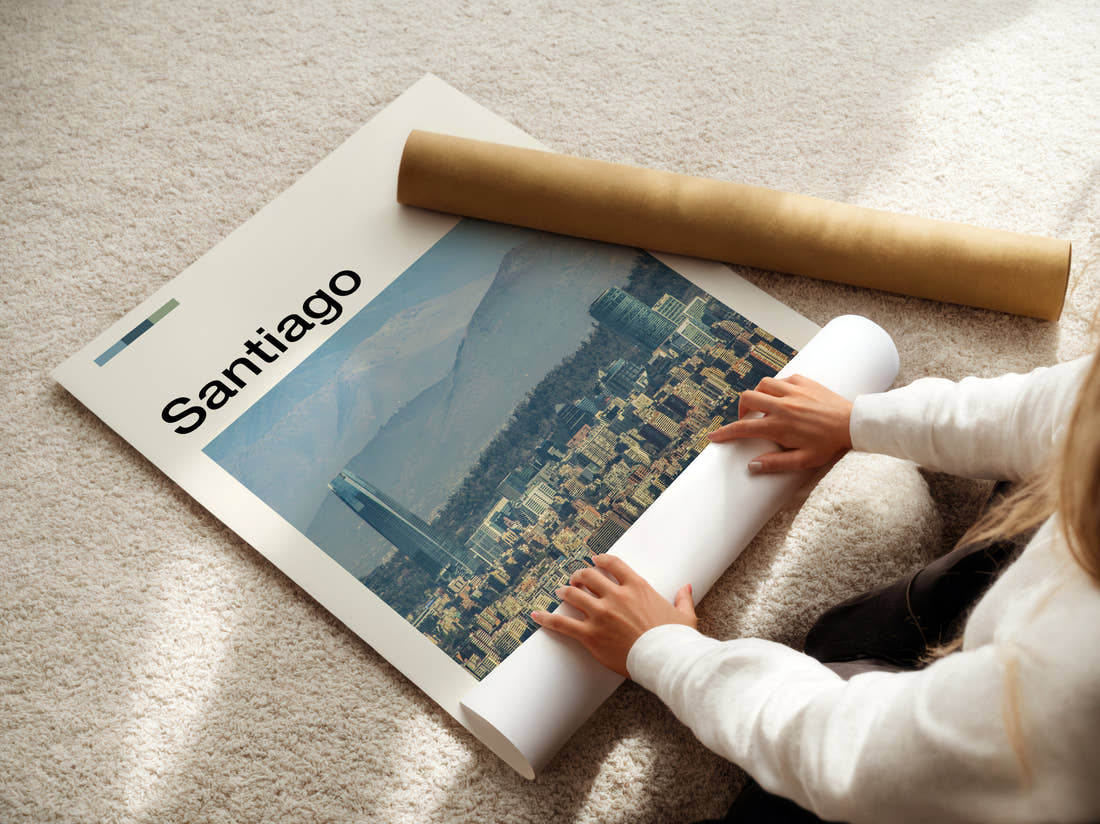 Santiago Skyline With Mountains Travel Print being unrolled from its postal tube
