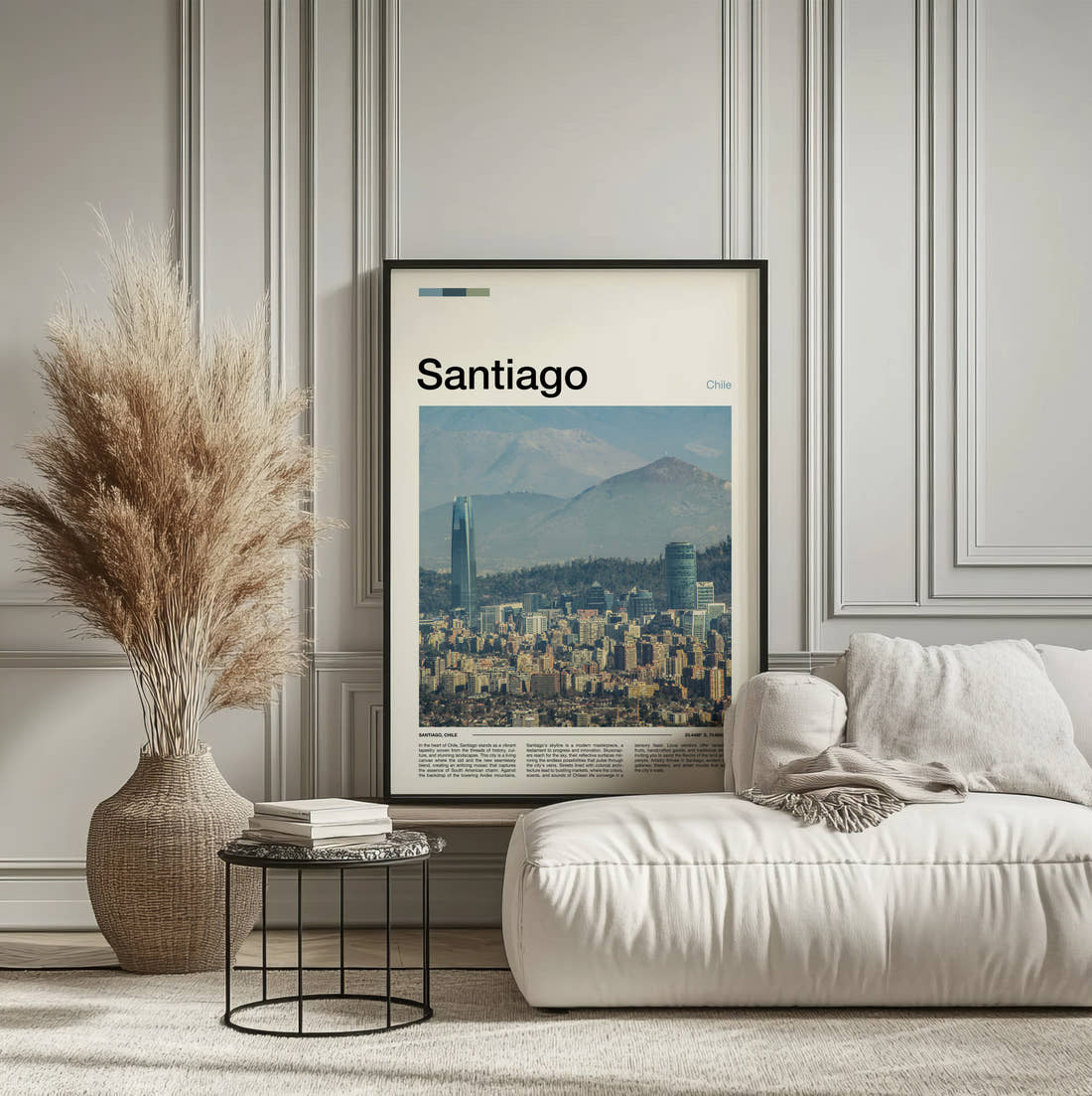 Santiago Skyline With Mountains Travel Print framed on the wall of a calm, neutral bedroom