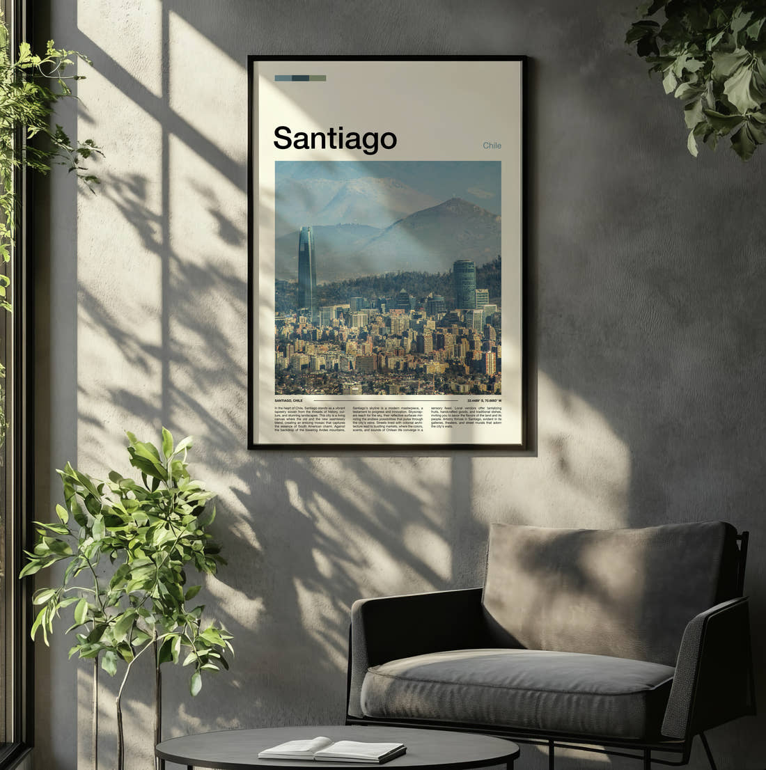 Santiago Skyline With Mountains Travel Print framed on the wall of a relaxed living room