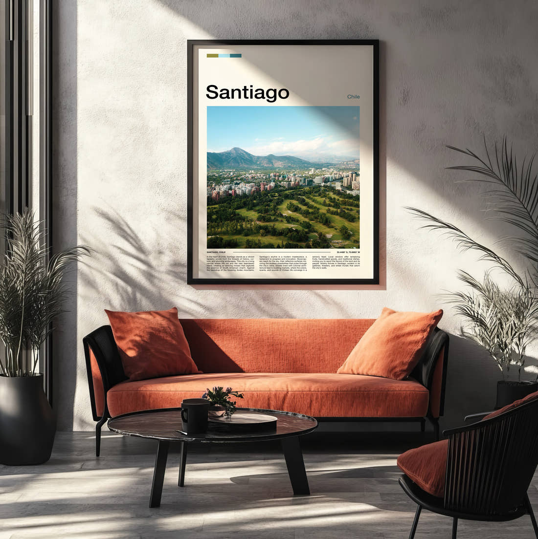 Santiago Parkland And Mountains Travel Print framed on the wall of a modern living room