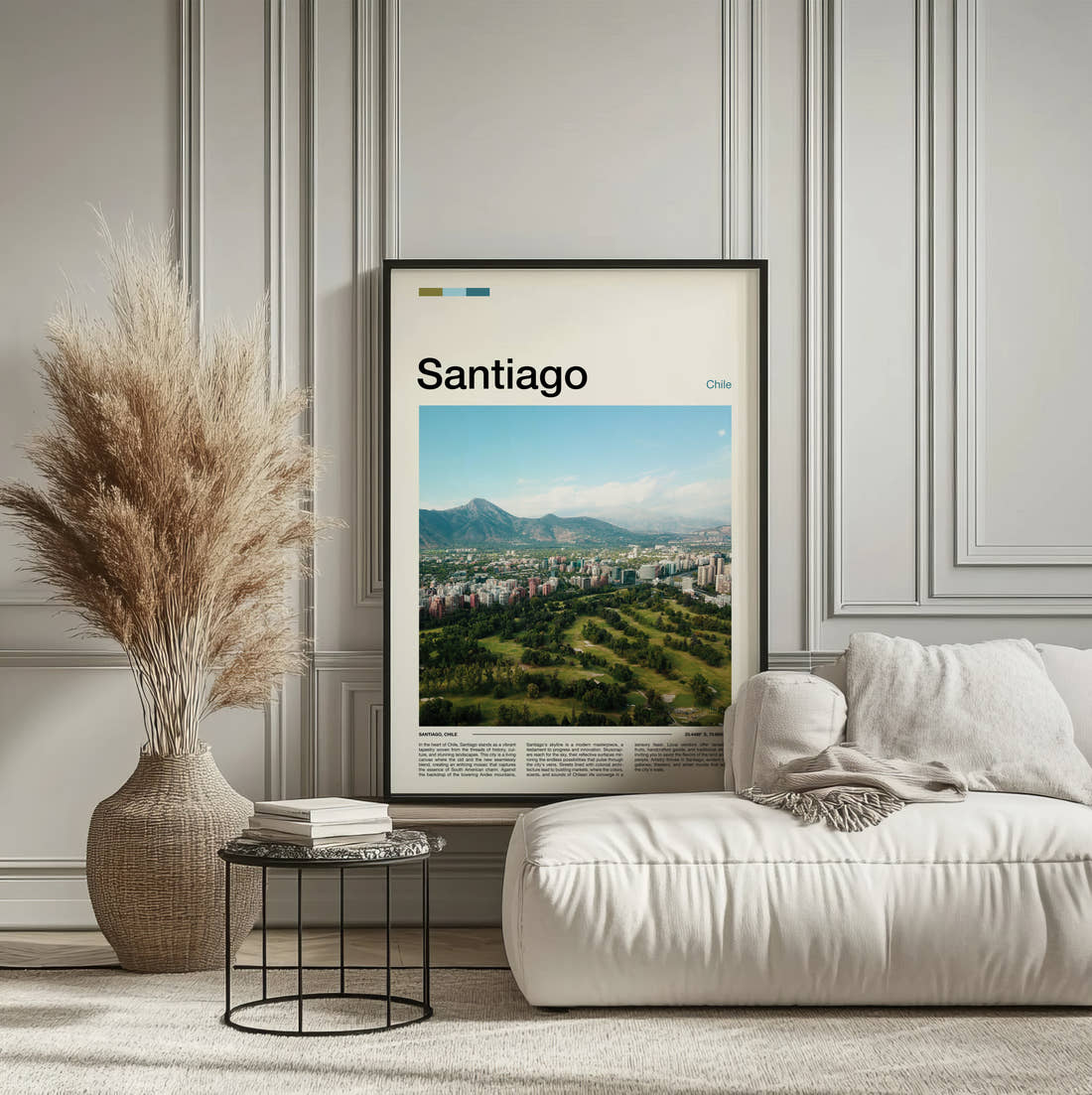 Santiago Parkland And Mountains Travel Print framed on the wall of a calm, neutral bedroom