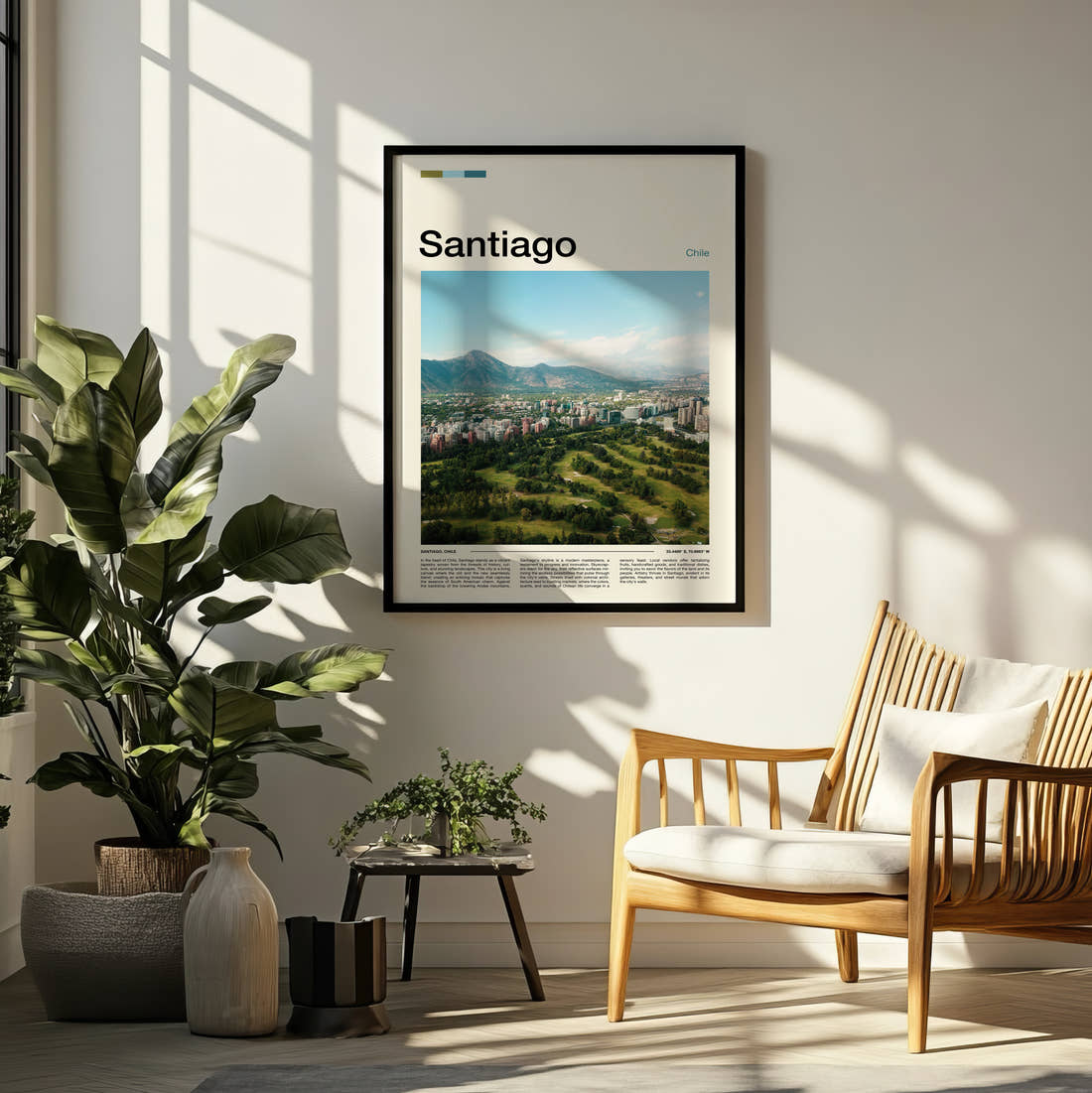 Santiago Parkland And Mountains Travel Print framed on a pale wall beside houseplants