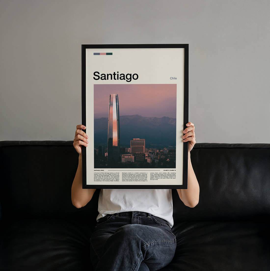 Santiago Gran Torre Travel Print held up by hand to show the size of the print