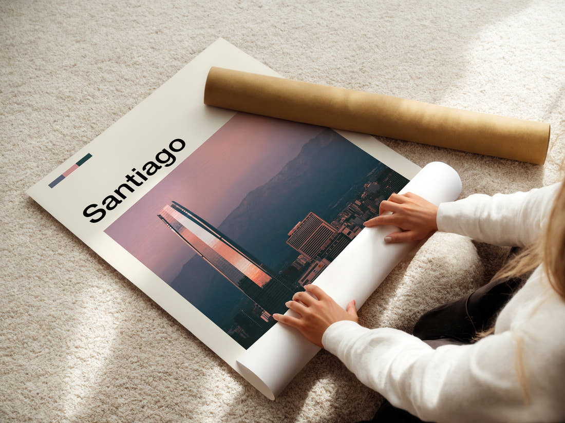 Santiago Gran Torre Travel Print being unrolled from its postal tube