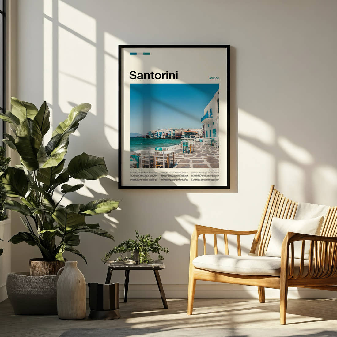 Santorini Waterfront Terrace Travel Print framed on a pale wall beside houseplants