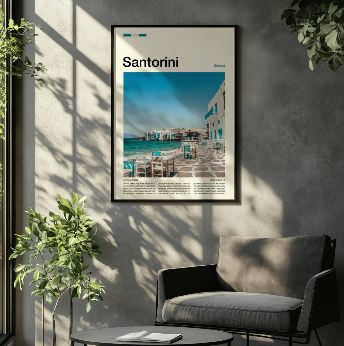 Santorini Waterfront Terrace Travel Print framed on the wall of a relaxed living room