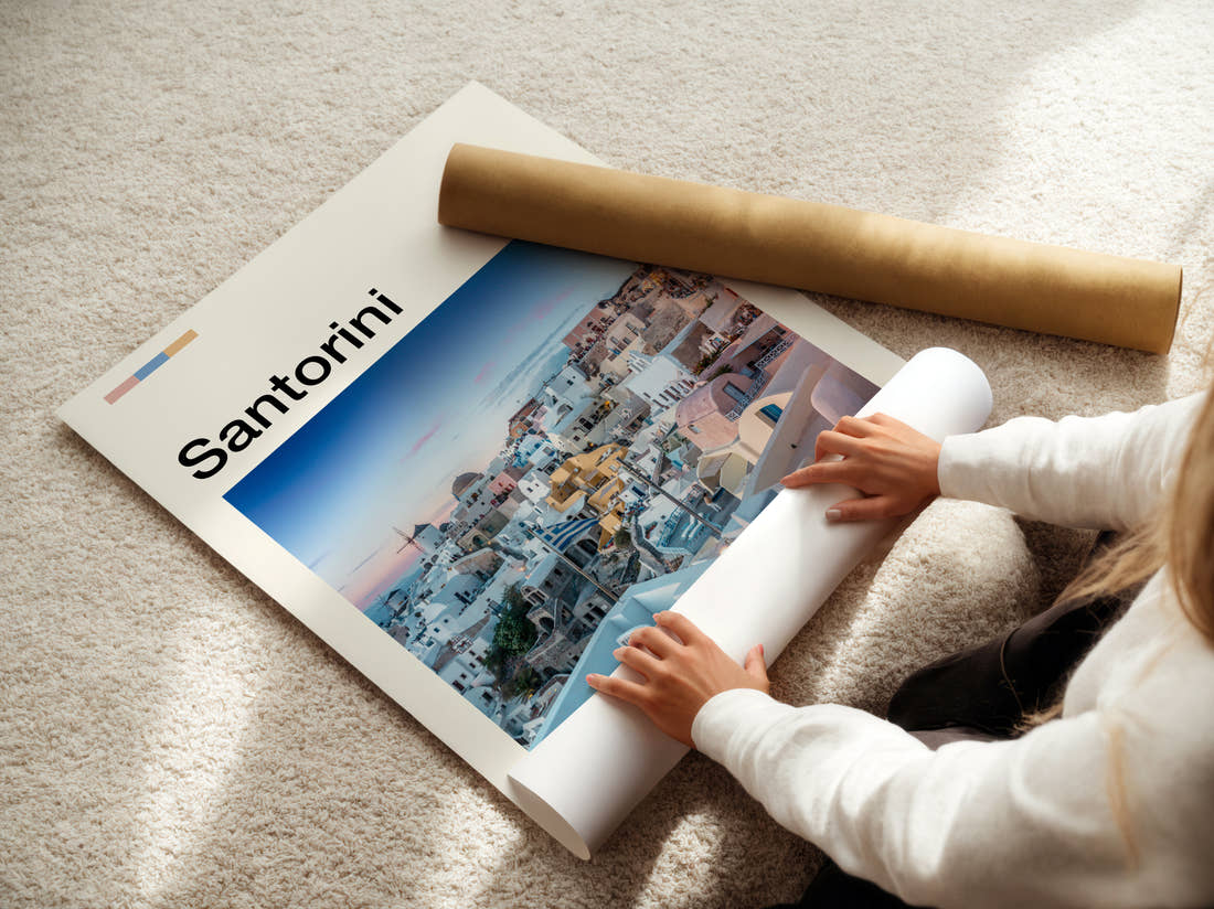 Santorini Clifftop Village At Sunset Travel Print being unrolled from its postal tube
