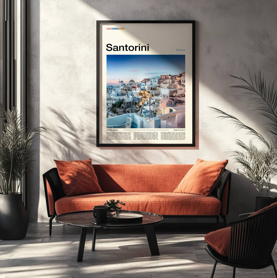Santorini Clifftop Village At Sunset Travel Print framed on the wall of a modern living room
