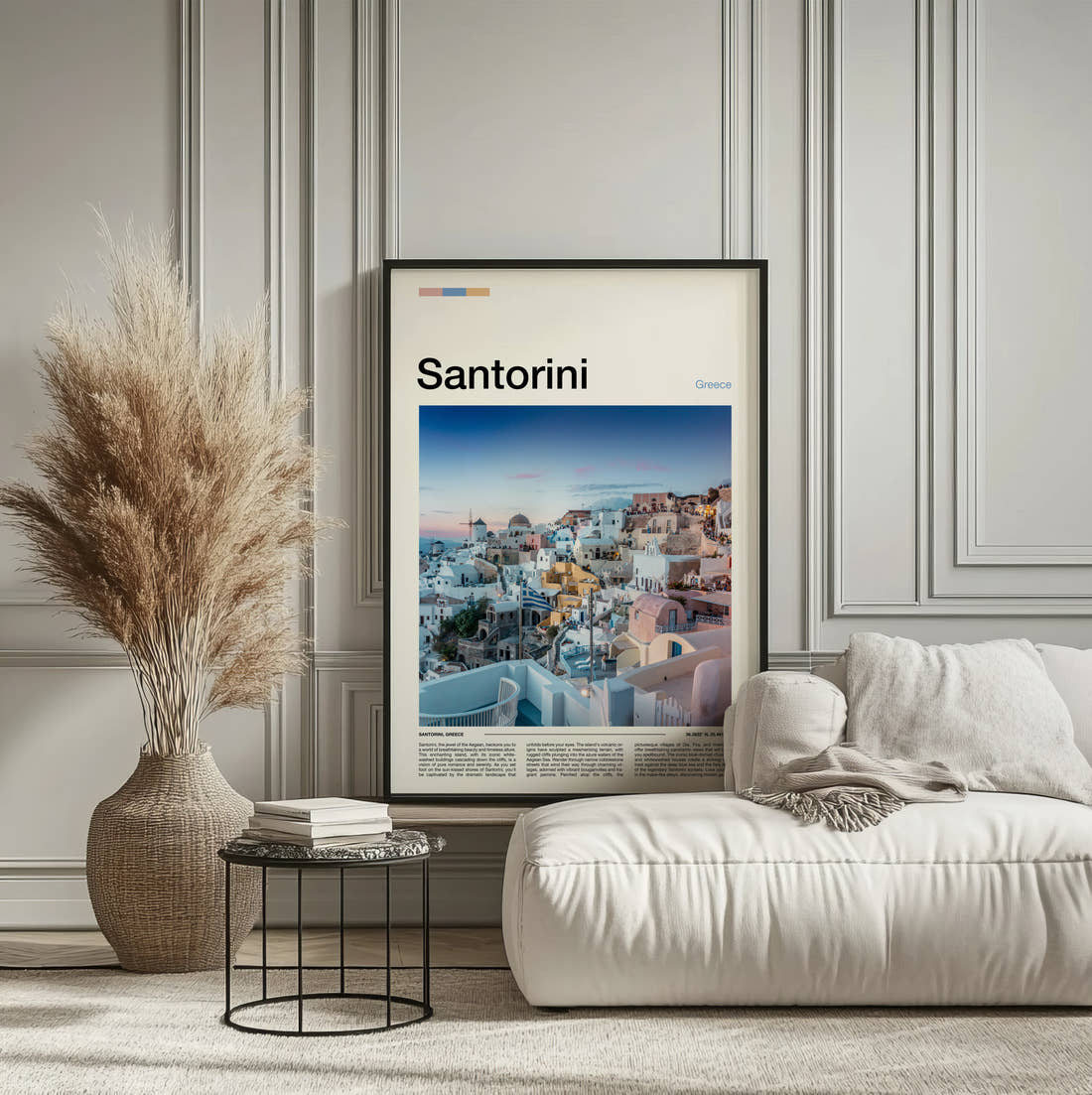 Santorini Clifftop Village At Sunset Travel Print framed on the wall of a calm, neutral bedroom