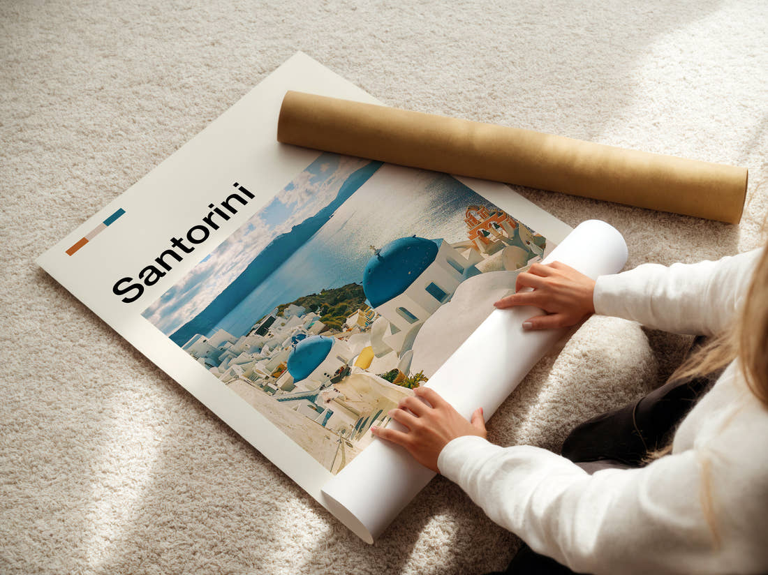 Santorini Blue Domed Churches Travel Print being unrolled from its postal tube