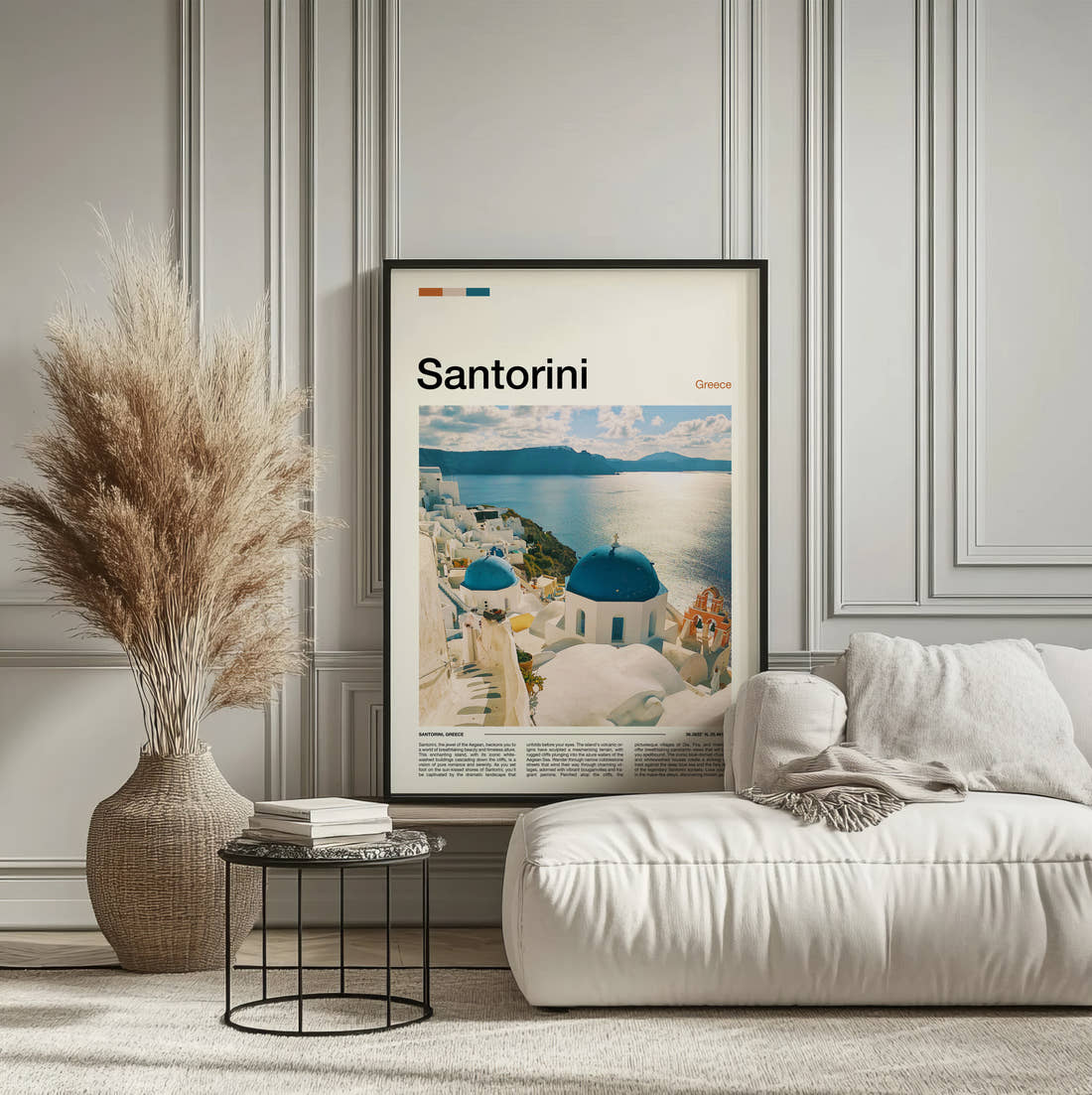 Santorini Blue Domed Churches Travel Print framed on the wall of a calm, neutral bedroom