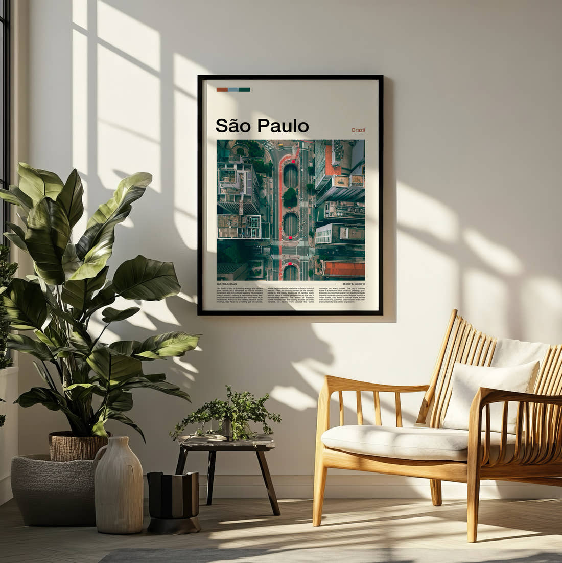 Sao Paulo Aerial City View Travel Print framed on a pale wall beside houseplants