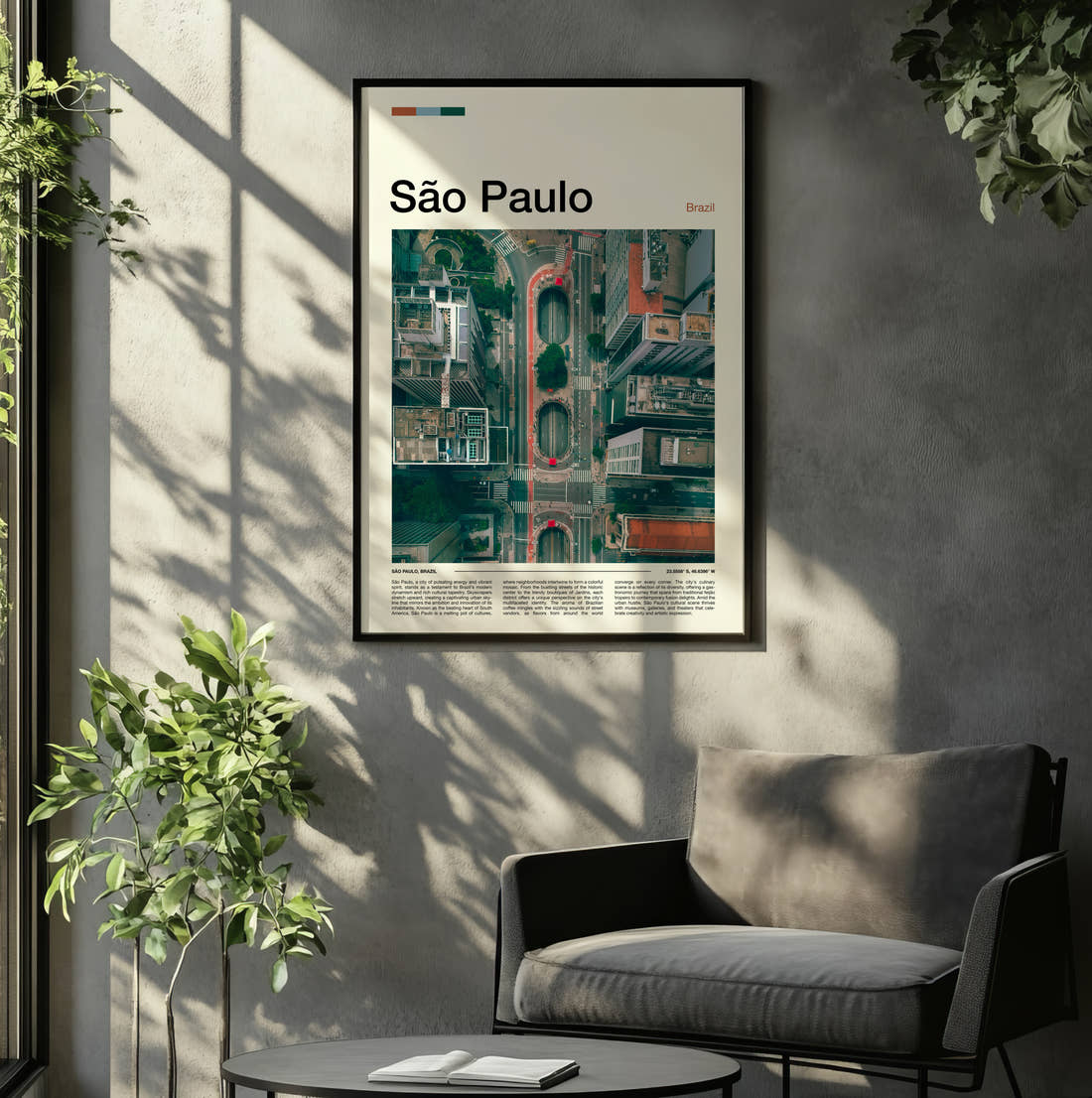 Sao Paulo Aerial City View Travel Print framed on the wall of a relaxed living room