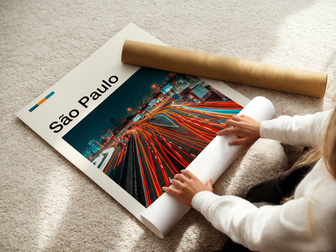 Sao Paulo Traffic Light Trails Travel Print being unrolled from its postal tube