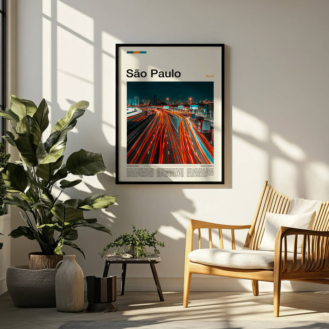 Sao Paulo Traffic Light Trails Travel Print framed on a pale wall beside houseplants