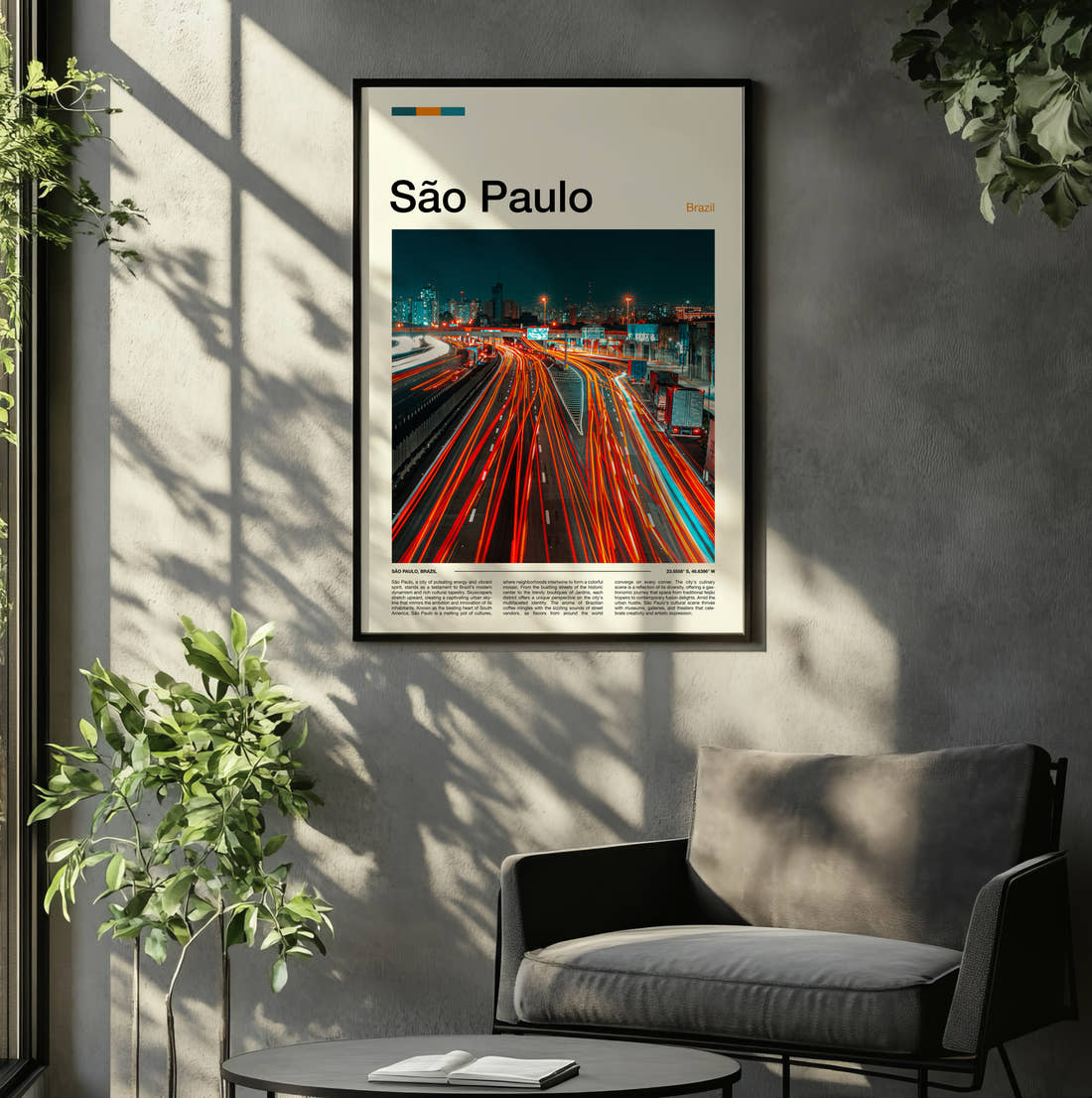 Sao Paulo Traffic Light Trails Travel Print framed on the wall of a relaxed living room