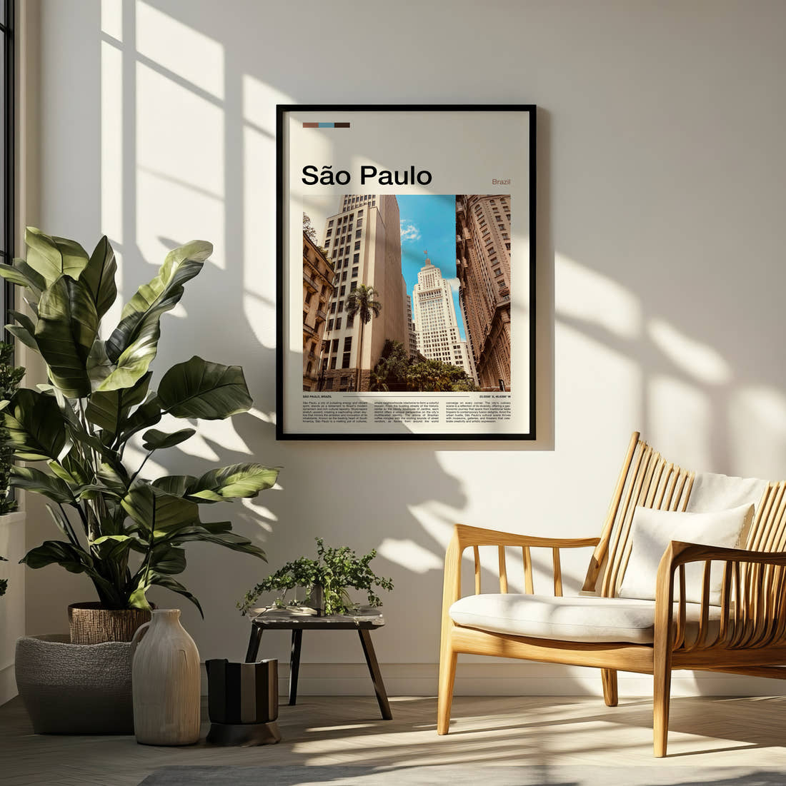 Sao Paulo Skyscrapers From Below Travel Print framed on a pale wall beside houseplants