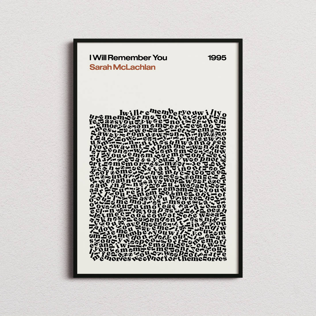 Sarah Mclachlan I Will Remember You Lyric Print in the cream colourway, framed