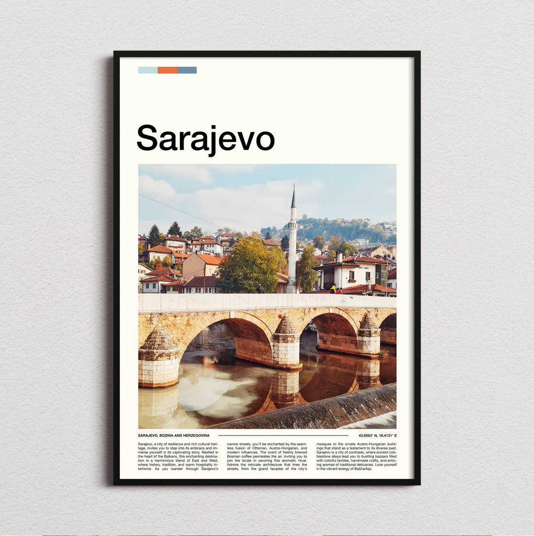 Sarajevo Stone Arch Bridge Travel Print framed and photographed straight on