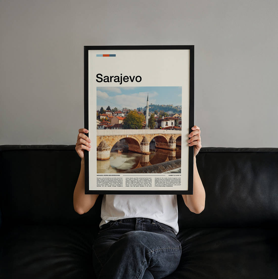 Sarajevo Stone Arch Bridge Travel Print held up by hand to show the size of the print