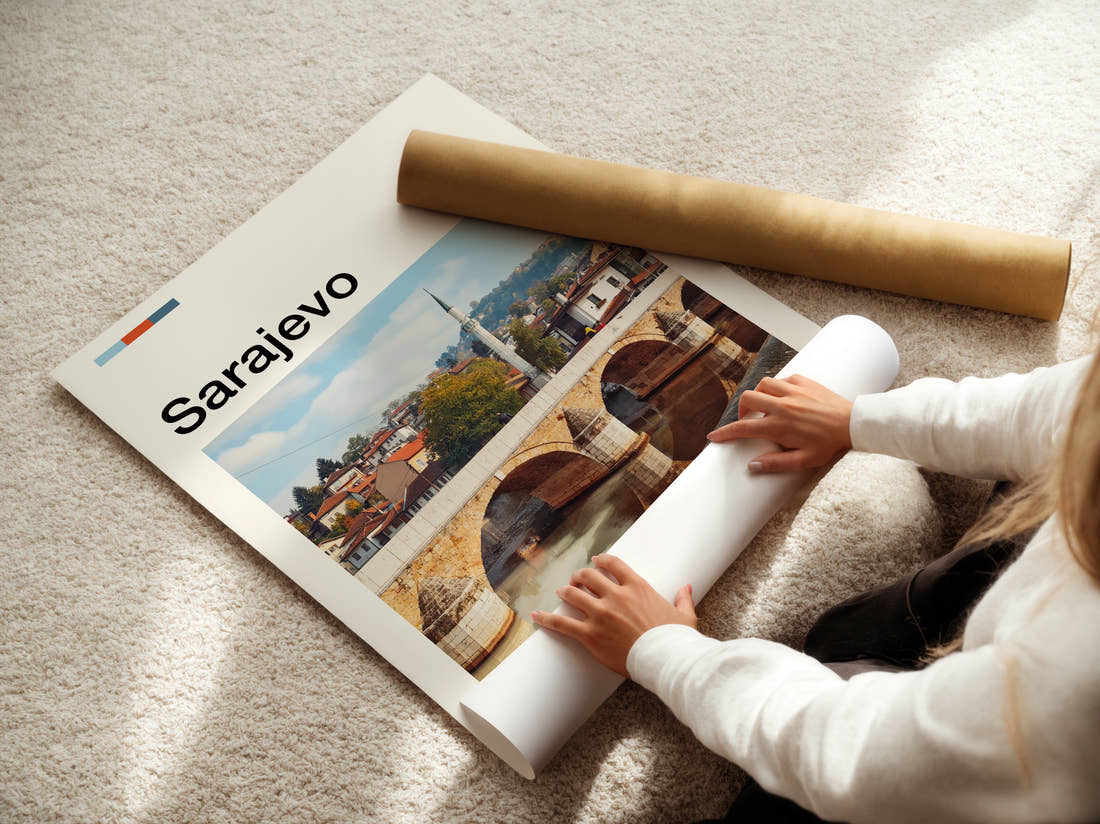 Sarajevo Stone Arch Bridge Travel Print being unrolled from its postal tube