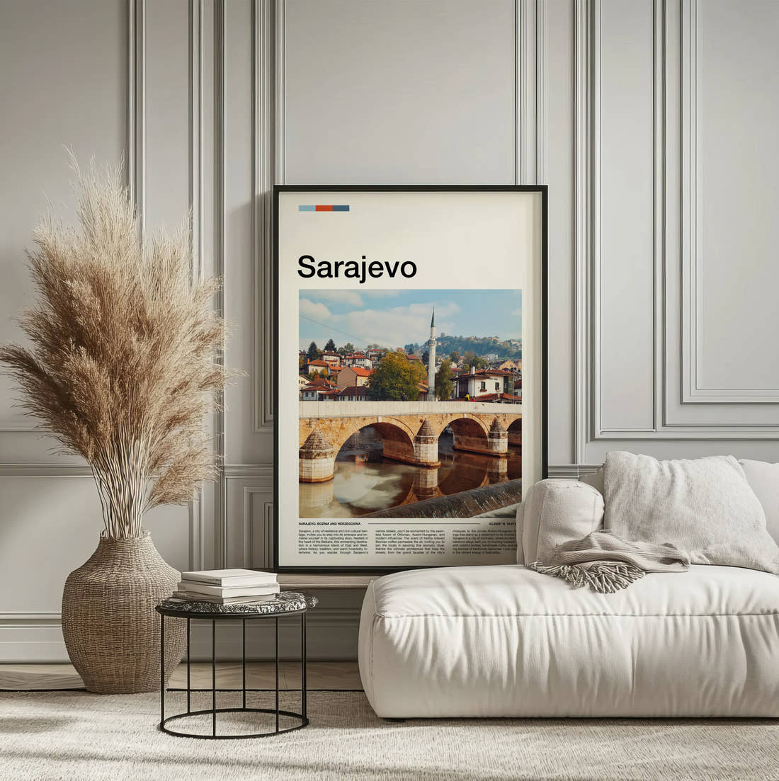 Sarajevo Stone Arch Bridge Travel Print framed on the wall of a calm, neutral bedroom