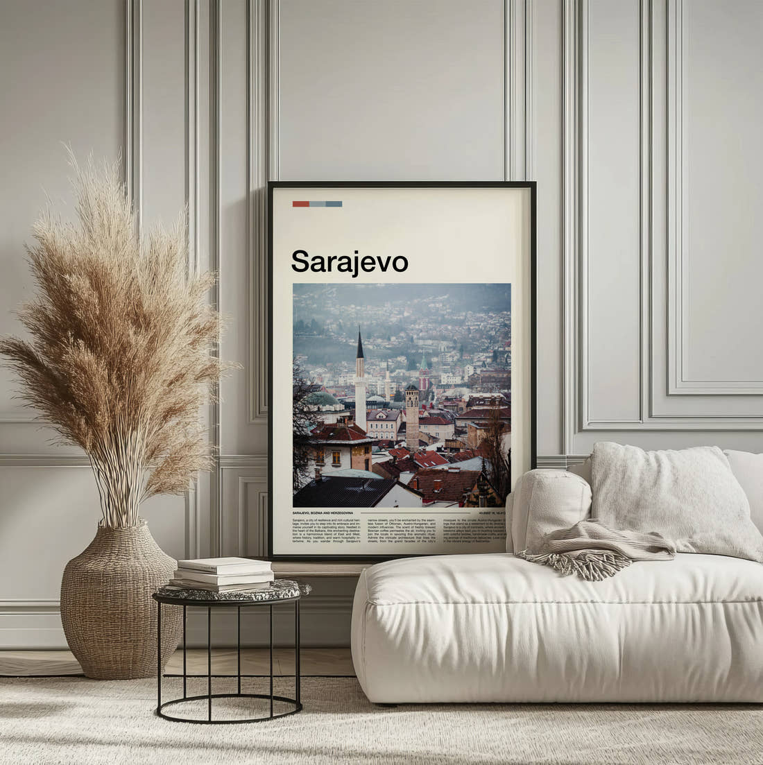 Sarajevo Minaret Over Rooftops Travel Print framed on the wall of a calm, neutral bedroom