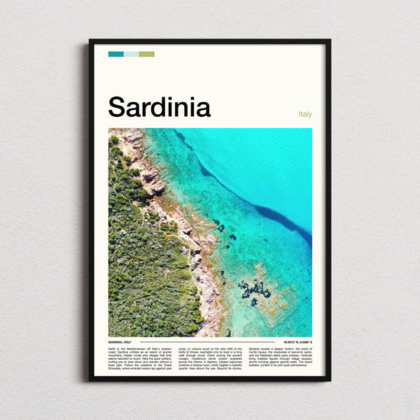 Sardinia Aerial Coastline View Travel Print framed and photographed straight on