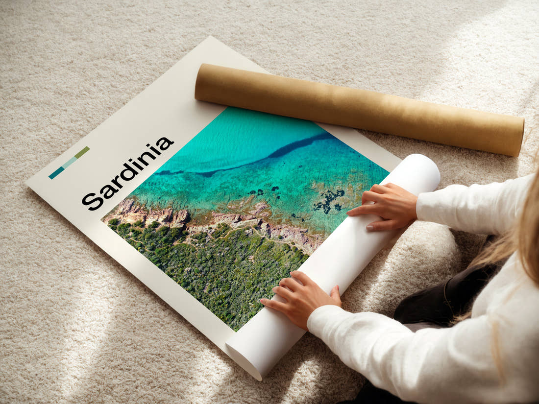 Sardinia Aerial Coastline View Travel Print being unrolled from its postal tube