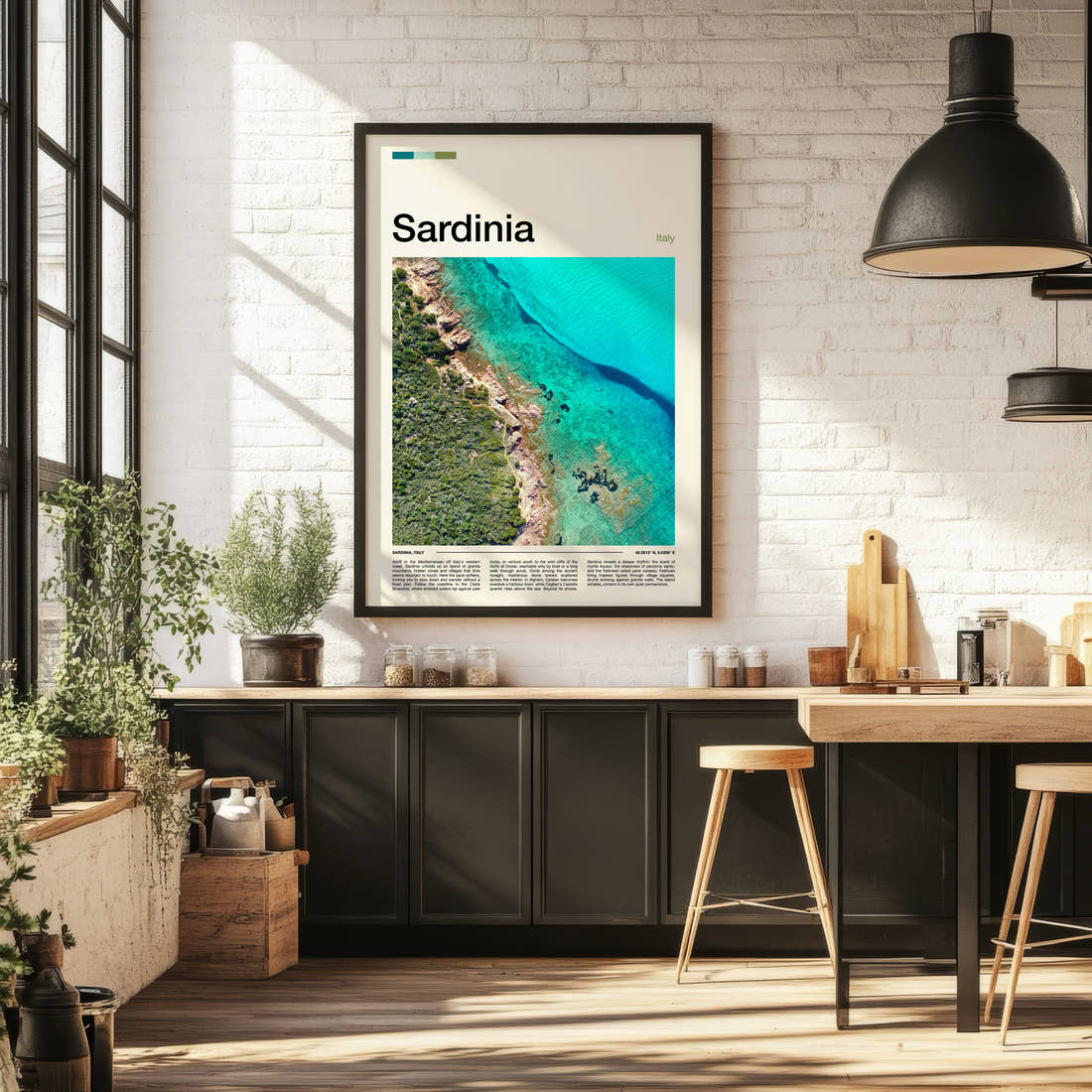 Sardinia Aerial Coastline View Travel Print framed on the wall of a bright kitchen and dining space