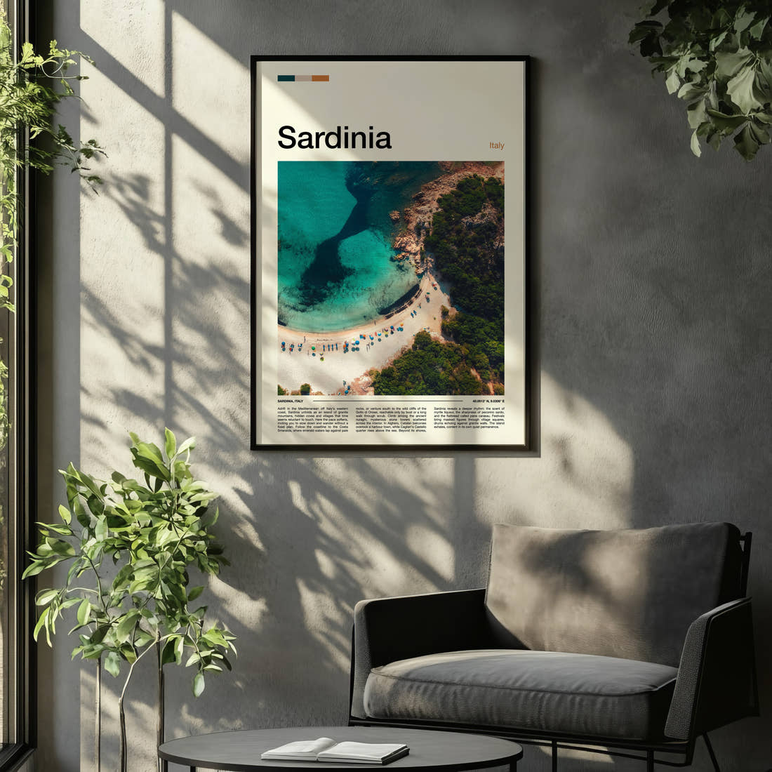 Sardinia Turquoise Cove Aerial Travel Print framed on the wall of a relaxed living room