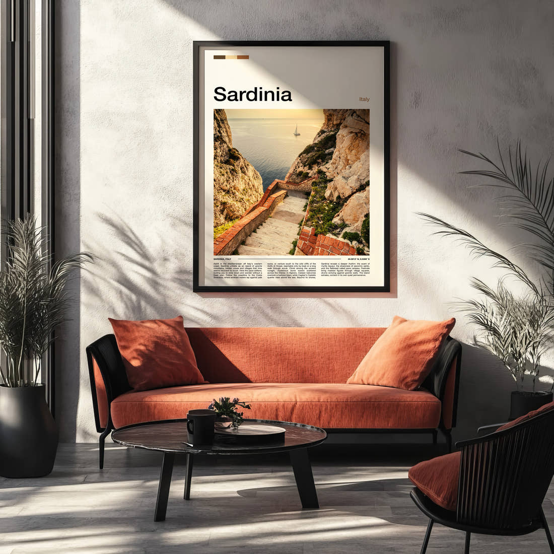 Sardinia Coastal Stone Staircase Travel Print framed on the wall of a modern living room