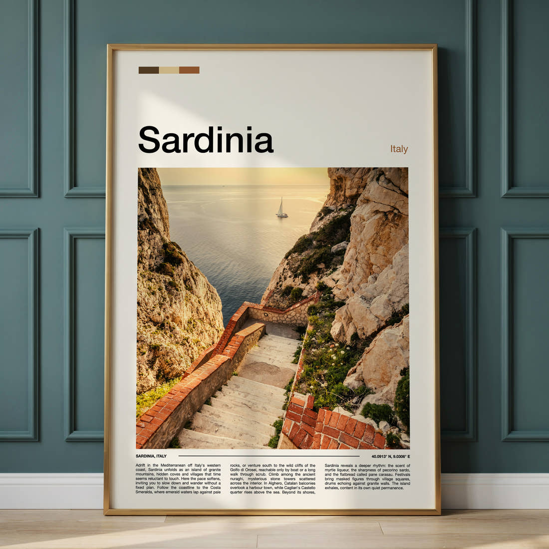 Sardinia Coastal Stone Staircase Travel Print framed on the wall of a calm, neutral bedroom