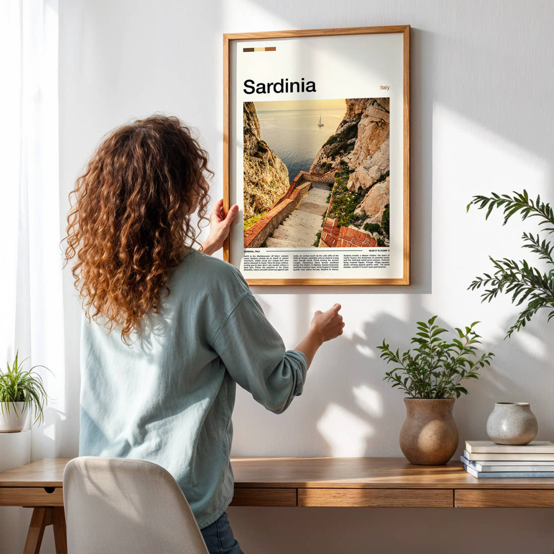 Sardinia Coastal Stone Staircase Travel Print framed on a pale wall beside houseplants