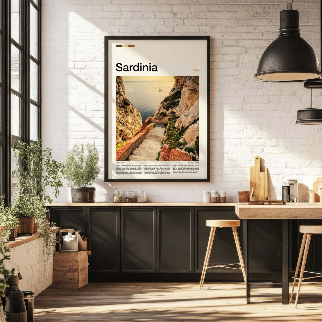 Sardinia Coastal Stone Staircase Travel Print framed on the wall of a bright kitchen and dining space