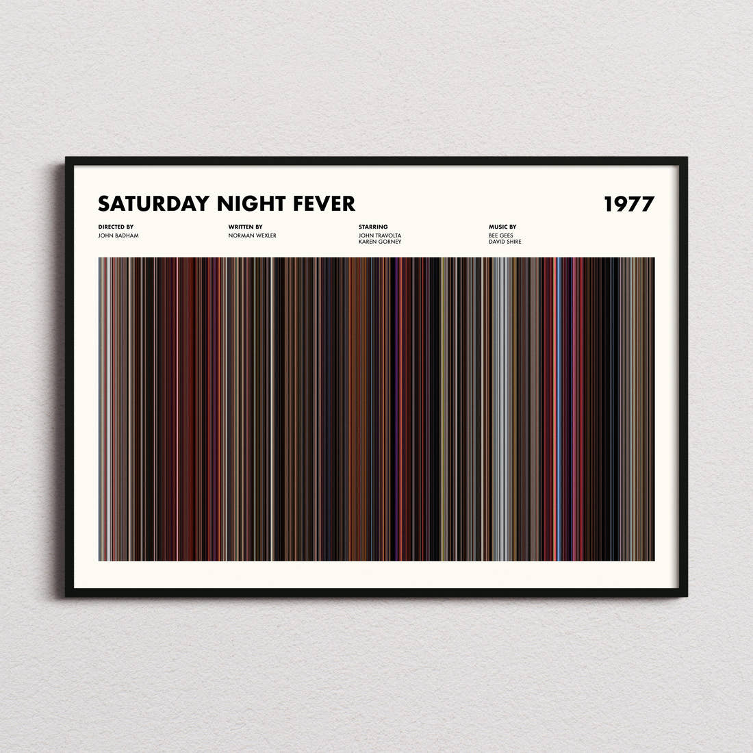 Saturday Night Fever Movie Barcode Poster framed and photographed straight on