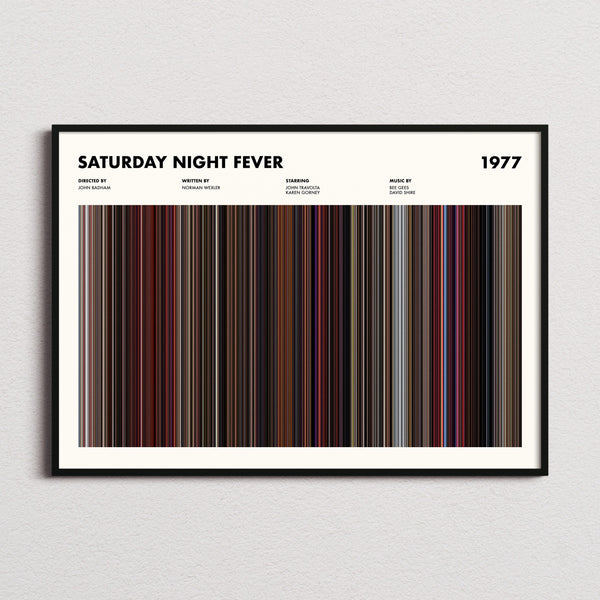 Saturday Night Fever Movie Barcode Poster framed and photographed straight on