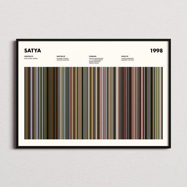 Satya Movie Barcode Poster framed and photographed straight on